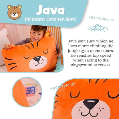 Saint Eve Kids Pillow Pals - Cute & Super Soft Animal Friends Decorative Fluffy Pillow Covers for Girls and Boys & Toddlers Beds, Playroom and Nap Time, Sensory Toys for Kids, Java the Tiger