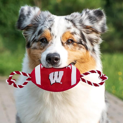 Pets First NCAA Wisconsin Badgers Football Dog Toy, Tough Quality Nylon Materials, Strong Pull Ropes, Inner Squeaker, Collegiate Team Color, 1 Count (Pack of 1)