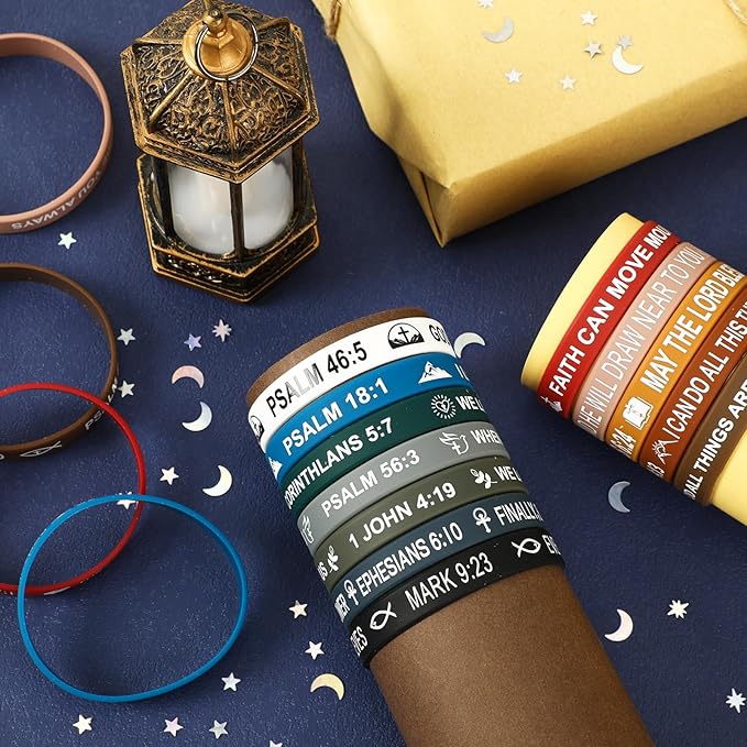 JUNEBRUSHS Bible Verse Bracelets, 24pcs Inspirational Christian Faith Hope Jesus Silicone Bracelets Wristbands for Men Women Party Christian Gifts Supplies(24 Designs)
