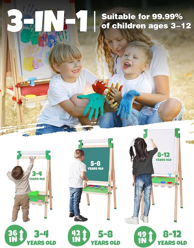 JOYOOSS Easel for Kids Art Easel Kids Easels for Toddlers,Wooden Kid Easel with Paper Roll - Adjustable Magnetic Double Sided Kids Dry Erase Board, Art Easel for Toddlers Outdoor Easel for Kids Green
