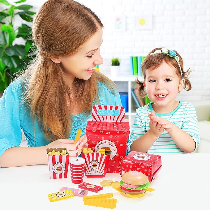 Vaguelly 1 Set Hamburger French Fries Combo Simulation Wooden Food Toys Wooden Kitchen Food Fake Food Wood Pretend Food Kitchen Play Food Happy Burgers Household Paper Bread Child