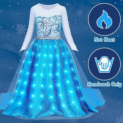 G.C Girls Light Up Elsa Dress Costume Toddler Princess Dress Up with Cape Kids Elsa Wig Crown Toys Halloween Cosplay