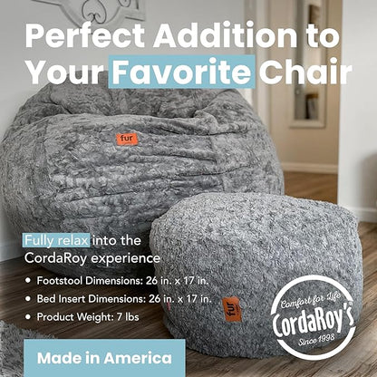 CordaRoy's Faux Fur Bean Bag Pouf Footstool - Washable Fabric Ottoman Cover with Durable Foam Insert - Versatile Footrest for Basement, Living Room, Office - 26" x 17" - Grey