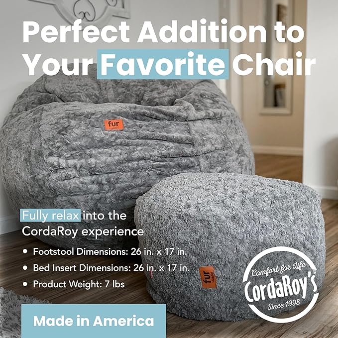 CordaRoy's Faux Fur Bean Bag Pouf Footstool - Washable Fabric Ottoman Cover with Durable Foam Insert - Versatile Footrest for Basement, Living Room, Office - 26" x 17" - Tan