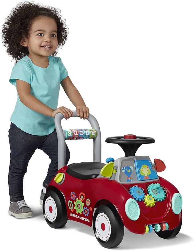 Radio Flyer Busy Buggy, for Toddlers 1-3, 3-in-1 Push Walker Ride On Car with 17 Sensory Activities, Anti-Tip Feature, Under-Seat Storage, Horn and Gears, 42 lb Capacity, Toddler Ride On Toys