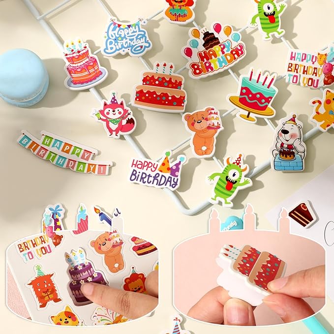 JULBEAR 300 Pieces Happy Birthday Foam Stickers Bulk Self-Adhesive Cute Cartoon Birthday Stickers for Arts Crafts Kids Students Teachers Classroom Reward Gifts Birthday Treat Greeting Card Decoration