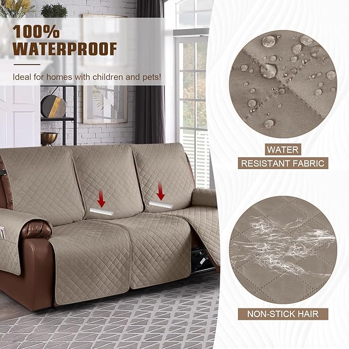 KinCam Waterproof Recliner Sofa Cover, Non-Slip Reclining Couch Covers for 3 Seat, Recliner Couch Cover Furniture Protector with Elastic Straps for Pets, Kids, Taupe