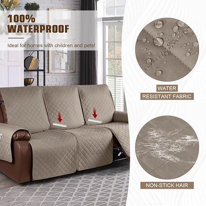 KinCam Waterproof Recliner Sofa Cover, Non-Slip Reclining Couch Covers for 3 Seat, Recliner Couch Cover Furniture Protector with Elastic Straps for Pets, Kids, Taupe