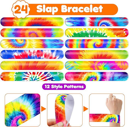 48PCS Tie Dye Party Favors - 24PCS Tattoos & 24PCS Slap Bracelets - Tie-Dye Birthday Supplies, Baby Shower Decorations, Classroom Prizes, Gifts for Boys & Girls