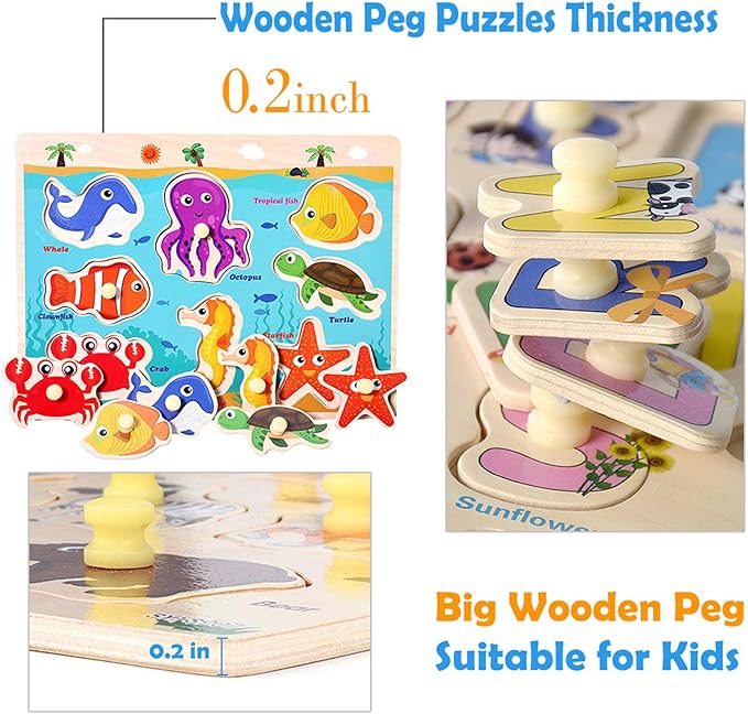 Wooden Peg Puzzles for Toddlers 2 3 4 Years Old, Kids Educational Preeschool Peg Puzzles Toy, 3 Pcs Toddler Puzzles Set - Traffic, Animals and Ocean, Great Gift for Girls and Boys (First Edition)