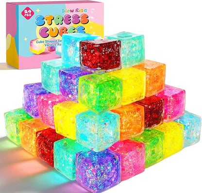 24 Pack Slow Rising Ice Cube Squishy Stress Balls，Stress Cube for Adults Kids , Sensory Fidget Toy for Anxiety Relief, Square Squeeze Toy for Classroom Prizes, Mini Nice Cube Squishy for Party Favors