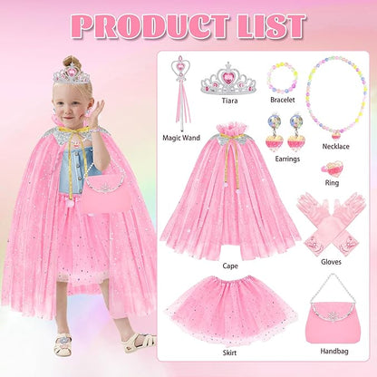 11PCS Princess Cape Dress up Clothes for Little Girls, Princess Cape with Crown for Kids Girls 3-8 Birthday Gifts