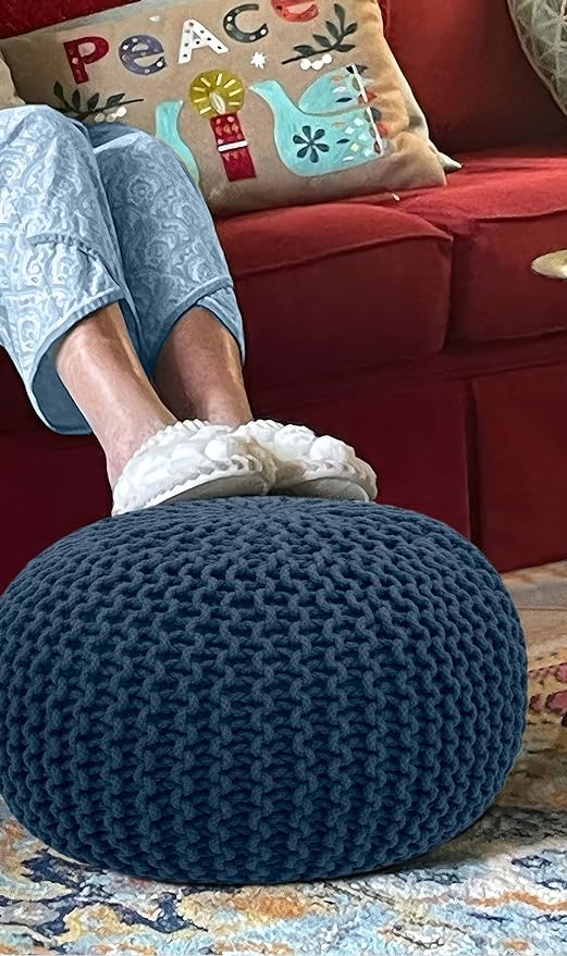 COTTON CRAFT - Hand Knitted Cable Style Dori Pouf - Blue - Floor Ottoman - Cotton Braid Cord - Handmade & Hand Stitched - Truly one of a Kind Seating - 20 Dia x 14 High