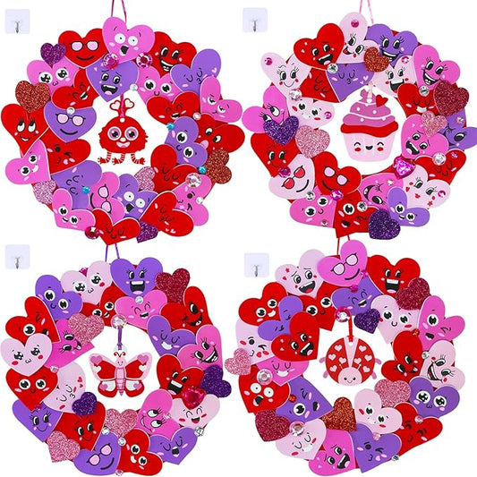Winlyn 12 Sets Valentine's Day Craft Kits Heart Crafts DIY Heart Wreath Ornaments Decorations Art Sets Foam Smile Heart Stickers for Kids Valentine's Day Party Classroom Activities Gift Exchange