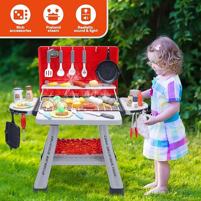 CUTE STONE Kids BBQ Grill Playset, Kitchen Toy Set, Realistic Smoke, Sound & Light,Kitchen Grill Playset,Toy Kitchen Accessories, Indoor Outdoor Interactive Pretend Play Toys for Boys Girls, 23.6" H