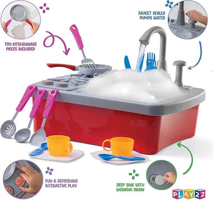 Play22 17 Pc Kids Play Sink with Running Water - Kitchen Sink Toy - Toddler Sink Toy with Real Faucet & Drain, Dishes, Utensils - Play Cooking Stove W/Pan - Kitchen Toys for Toddlers & Kids