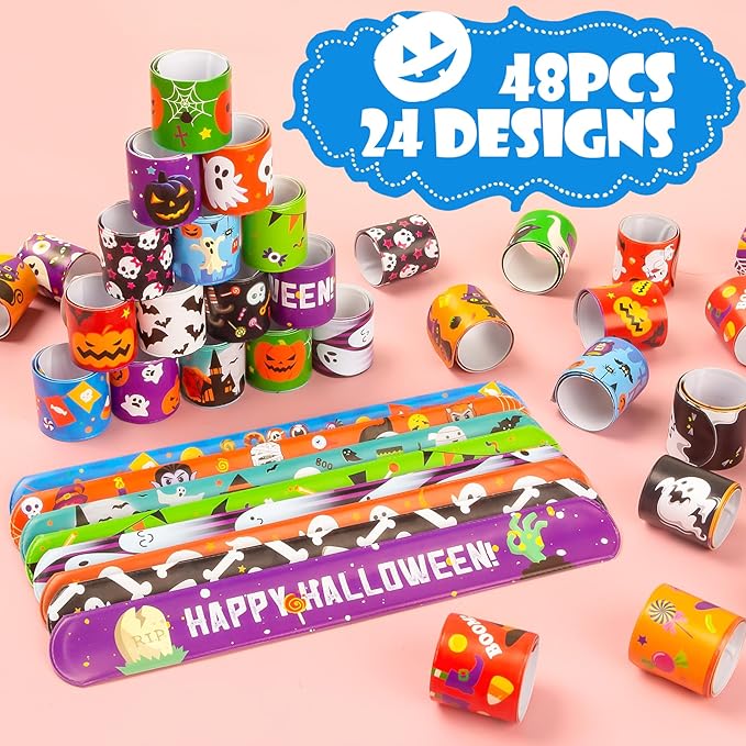 Halloween Slap Bracelet for Kids - 48 Pieces, 24 Colorful Styles, Bulk Halloween Slap Wristbands for Kids Party Favors, Toys Prizes & Goodie Bags Fillers