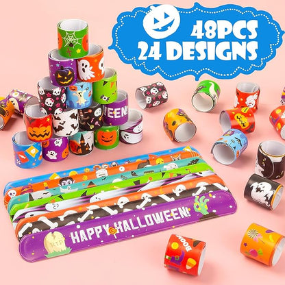Halloween Slap Bracelet for Kids - 48 Pieces, 24 Colorful Styles, Bulk Halloween Slap Wristbands for Kids Party Favors, Toys Prizes & Goodie Bags Fillers