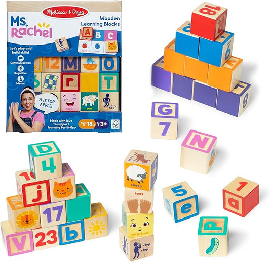 Ms. Rachel Melissa & Doug Letter, Number, and Game Wooden Learning Blocks with Activity Cards for Girls and Boys Toddlers Ages 18 Months+ - FSC-Certified