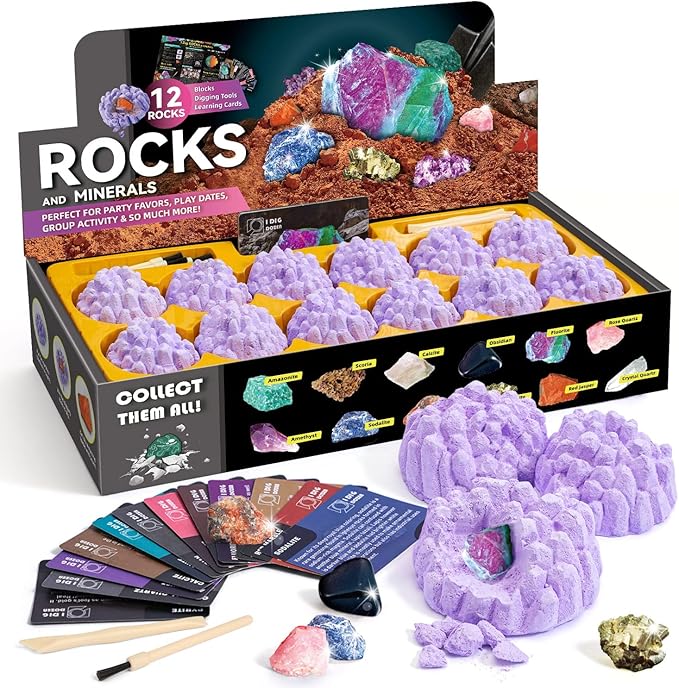 Byncceh Mineral Mining Kit Rock Mining Kit Gem Dig Kit - Dig up 12 Rock & Mineral Collection Gemstones & Crystals Dig Kit for Kids Gemology Mining Gift Rocks Minerals, Excavation Toys for Boys Girls