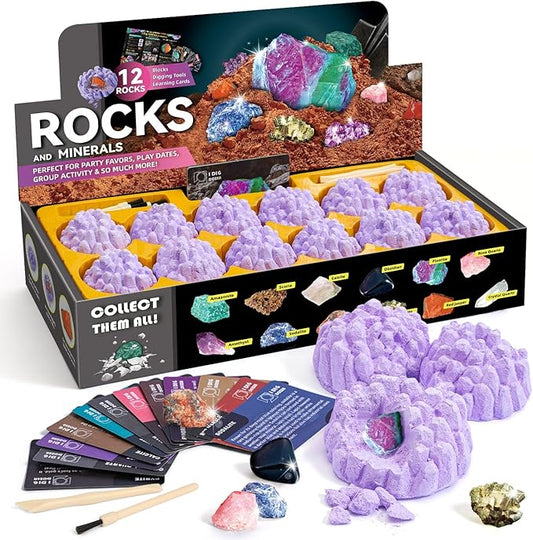 Byncceh Mineral Mining Kit Rock Mining Kit Gem Dig Kit - Dig up 12 Rock & Mineral Collection Gemstones & Crystals Dig Kit for Kids Gemology Mining Gift Rocks Minerals, Excavation Toys for Boys Girls