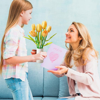 Flower Bouquet Building Toy Set Tulips, Botanical Building Blocks for Adults Home Office Decor Orange Color