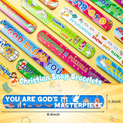 LovesTown 48PCS Christian Snap Bracelets, Bible Verses Religious Slap Wristbands Slap Bracelets for Kids Sunday School Gifts Classroom Prizes