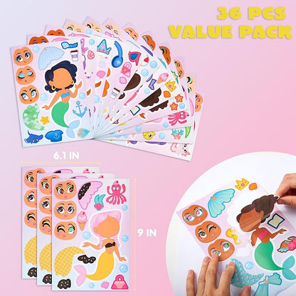 JOYIN 36 Pcs 9"x6" Mermaid Make a face Stickers for Kids, Make Your Own Mermaid Sticker Sheets, Party Favors Kids Crafts, Goodie Bags Stuffers, Classroom Rewards