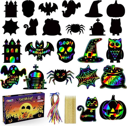 OHOME Halloween Party Favors - 48 PCS Halloween Magic Rainbow Scratch Paper Cards Set,Halloween Games for Kids - Kids Halloween Treats Toys Gifts Party Supplies | Halloween Crafts for Kids