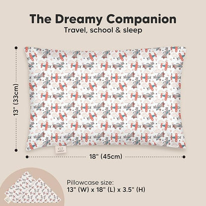 Toddler Pillow with Pillowcase - 13x18 My Little Dreamy Pillow, Organic Cotton Toddler Pillows for Sleeping, Kids Pillow, Travel Pillows, Mini Pillow, Nursery Pillow, Toddler Bed Pillow (Aircraft)