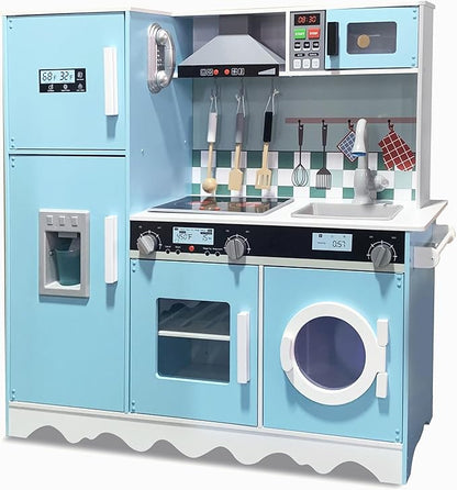 Lil’ Jumbl Kids Blue Kitchen Set, Pretend Wooden Play Kitchen, Battery Operated Icemaker, Microwave, Range Hood, Stove Top, Oven, with Realistic Sound & Lights, Pots, Pan, & Utensils Included