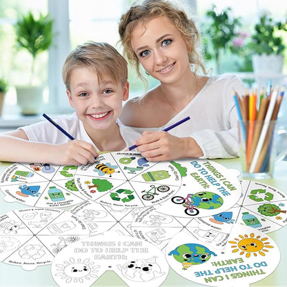 COcnny Earth Day Coloring Craft- 24 Sets Color Your Own Globe Art Craft DIY Wheel Cards for Kids, Save The Earth Eco Natural Spining Paper Craft Art for Sunday School Home Class Preschool Activities
