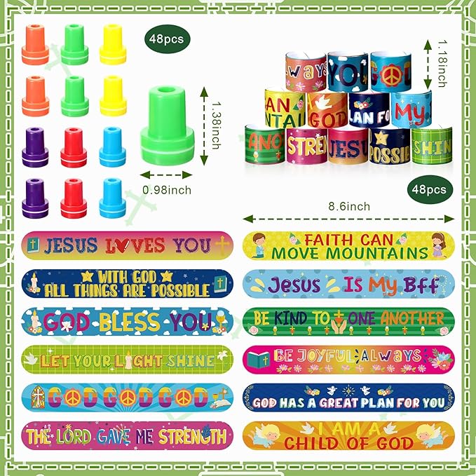 Jenaai 96 Pcs Religious Slap Bracelets with Stampers Bulk Assorted Jesus Love You Wristbands Christian Gifts for Kids Religious Prizes Bible Verse Party Favors for Sunday School Boys Girls