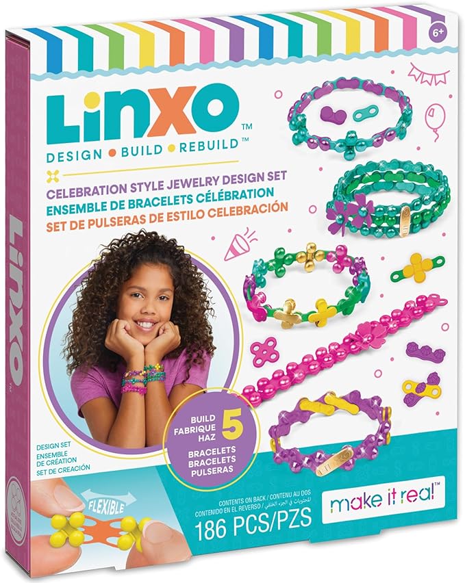 Make It Real: LinXo Celebration Jewelry Design Set - 186pcs, DIY 5 Flexible Bracelets, Design-Build-Rebuild, Craft Activity Kit, Girls & Kids Ages 6+