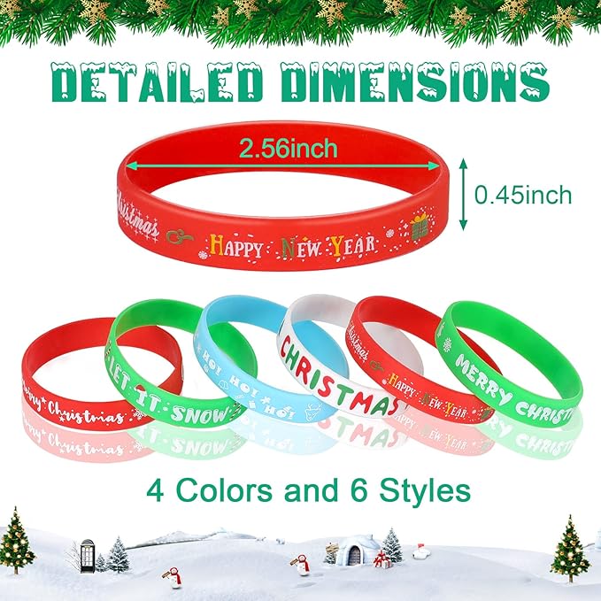 JUNEBRUSHS 24Pcs Christmas Silicone Bracelets, Rubber Wristbands Christmas Party Favors for Kids Decorations for Xmas Stocking Stuffers Wrist Band Accessories Gifts Supplies
