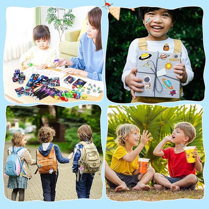 Colarr 161 Pcs Space Party Favor Space School Stationery Set Includes Gift Cup Notebook Pencil Sharpener Eraser Keychain Stamp Slap Bracelet Sticker Card for Space Birthday Supplies