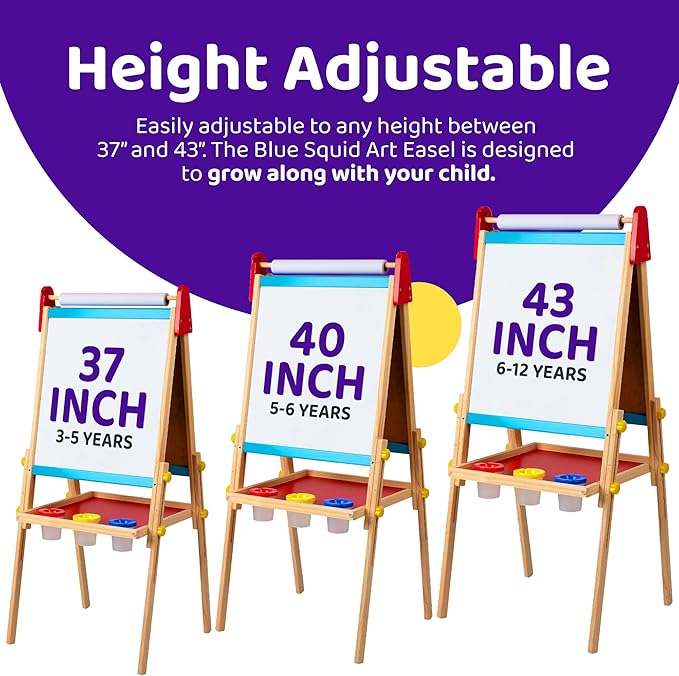 Blue Squid Art Easel for Kids - Dual-Sided Adjustable Wooden Painting Easels, Gift for Toddlers and Kid - with Magnetic Chalk Board, White Board & Paper Roll, (Multicolor +100 Accessories, Premium)