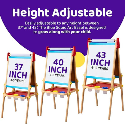 Blue Squid Art Easel for Kids - Dual-Sided Adjustable Wooden Painting Easels, Gift for Toddlers and Kid - with Magnetic Chalk Board, White Board & Paper Roll, (Multicolor +100 Accessories, Premium)