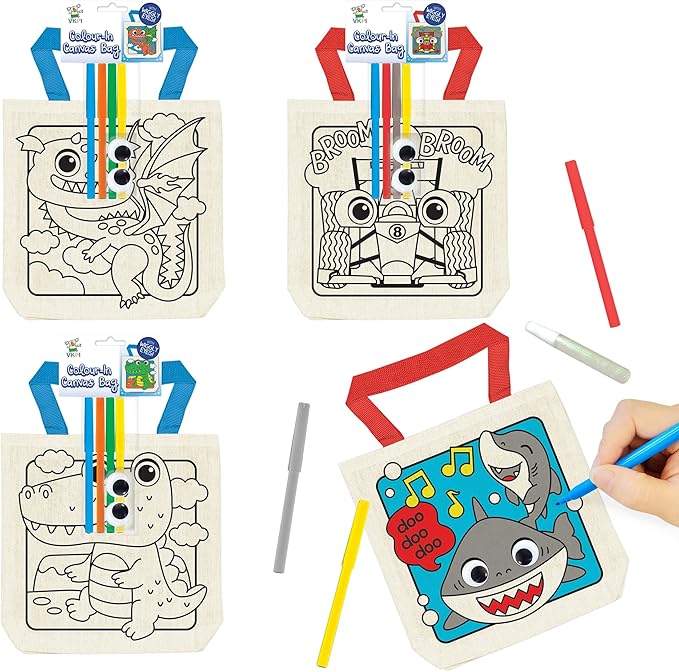 6 Pieces Kids Coloring Goodie Bags, Reusable Canvas Bag, Cute Art Party Favors, Color Your Own Bags for DIY Painting Birthday Carnival Celebration, Party Supplies Gift, Boys