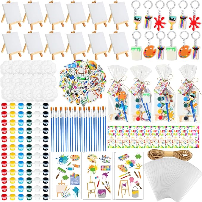 HyDren Paint Party Favors Include Mini Watercolor Paint Set Small Painting Canvas with Easel Palette Brush Paint Stickers Tattoo Sticker Keychain for Class Birthday Art Party(254 Pcs, Classic Style)