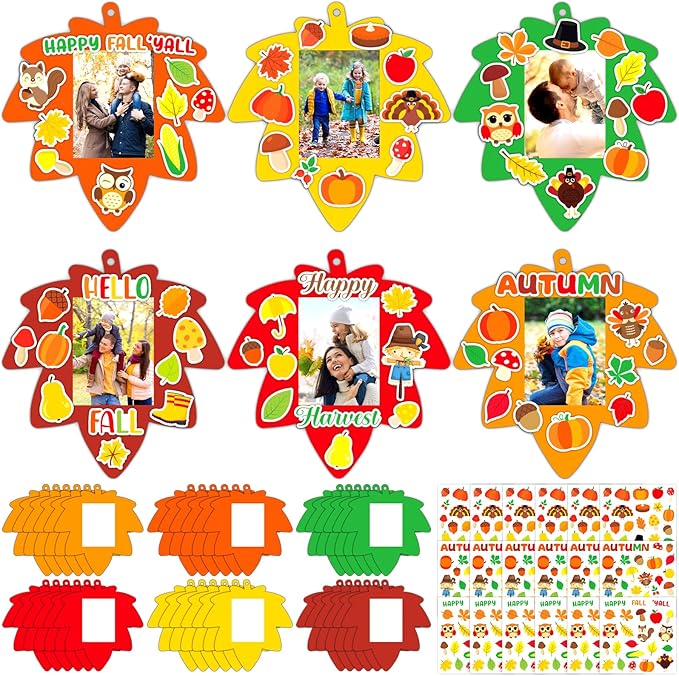 Qyeahkj 36 Sets Fall Thanksgiving Craft for Kids DIY Autumn Leaves Picture Frame Craft Kit with Easel Maple Leaf Fun Photo Frame Craft and Arts Kit for Home Class Kindergarten Party Art Activity