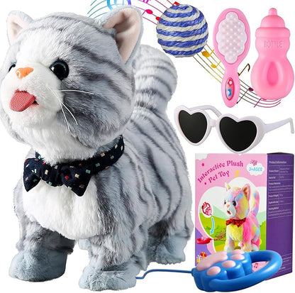 Gray Walking Cat Toy for Girls Kittens Interactive Talking Cat Meows Singing Dancing Mimicking Kitty Toys Set for Baby with Leash Plush Electronic Robot Kitties for Kids Toddlers