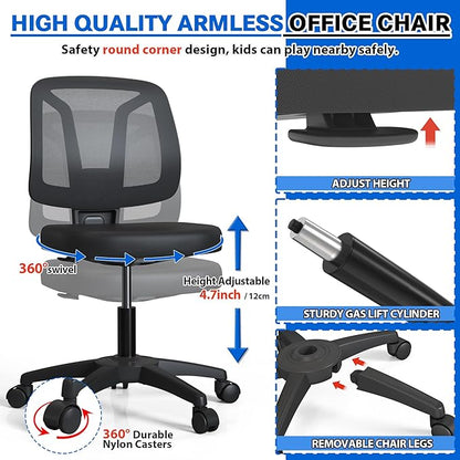 Armless Swivel Mesh Computer Office Desk Chair No Arms Height Adjustable with Lumber Support for Child and Adult