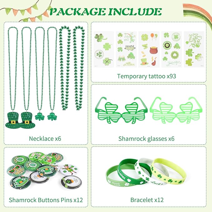129 PCS St. Patricks Day Party Favors Set, St. Patrick's Day Accessories-Shamrock Glasses Necklaces Bracelets Tattoos Buttons Pins St. Patrick's Day Decorations Saint Patricks Day Party Supplies