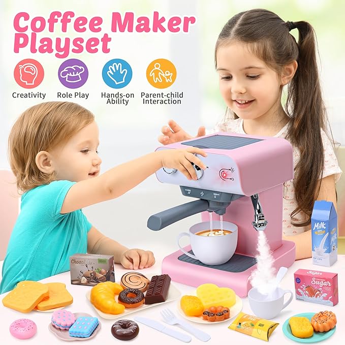 CUTE STONE Toy Coffee Set , Kids Coffee Maker Toy with Sound and Light, Realistic Steam, Play Kitchen Set with Play Food, Toddler Toy Kitchen Accessories for Girls Boys