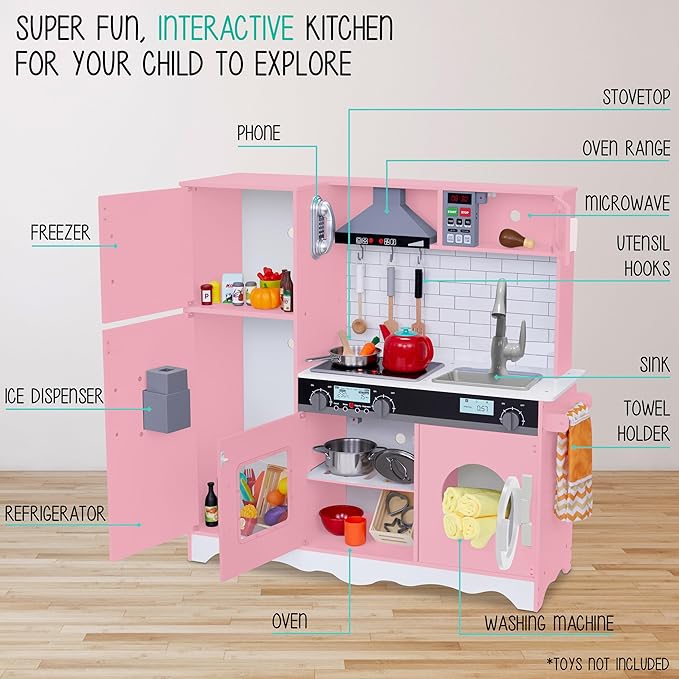 Lil’ Jumbl Kids Pink Kitchen Set, Pretend Wooden Play Kitchen, Battery Operated Icemaker, Microwave, Range Hood, Stove Top, Oven, with Realistic Sound & Lights, Pots, Pan, & Utensils Included