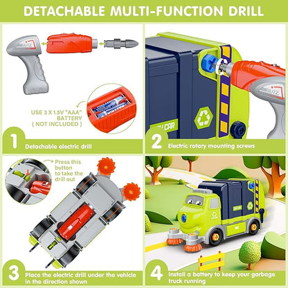 Trucks Take Apart Toys with Electric Drill, DIY Electric City Clean Truck Toy Set, STEM Assembled Educational Toys, Garbage Truck Toys, Birthday Gifts for 3 4 5 6 7 8 Years Old Boys Girls