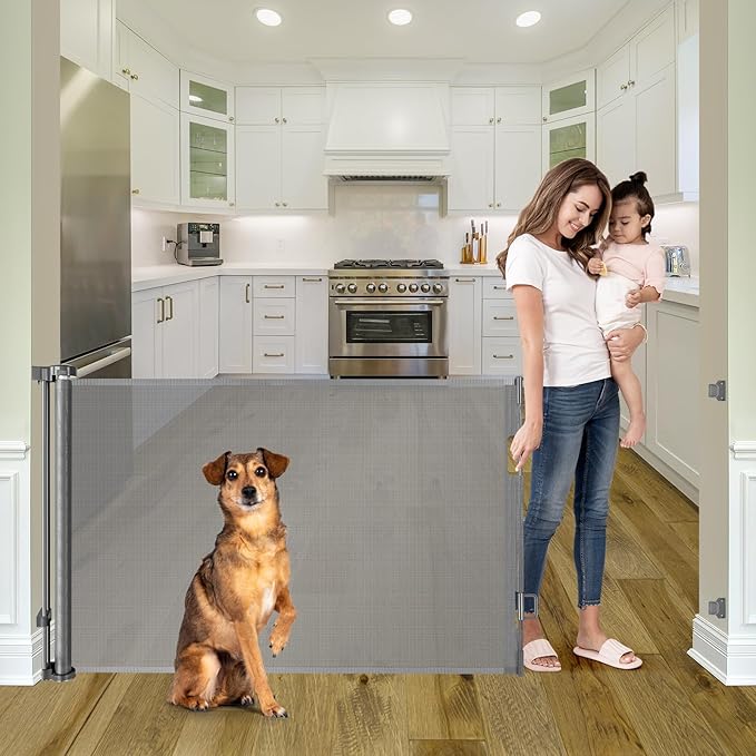 56 Inch Retractable Baby Gate for Stairs Retractable Dog Gates for Doorways Outdoor Baby Gates for Decks Indoor Dog Gates for The House Extra Wide Baby Gate Stair Gates for Kids or Pets Deck Gate Gray