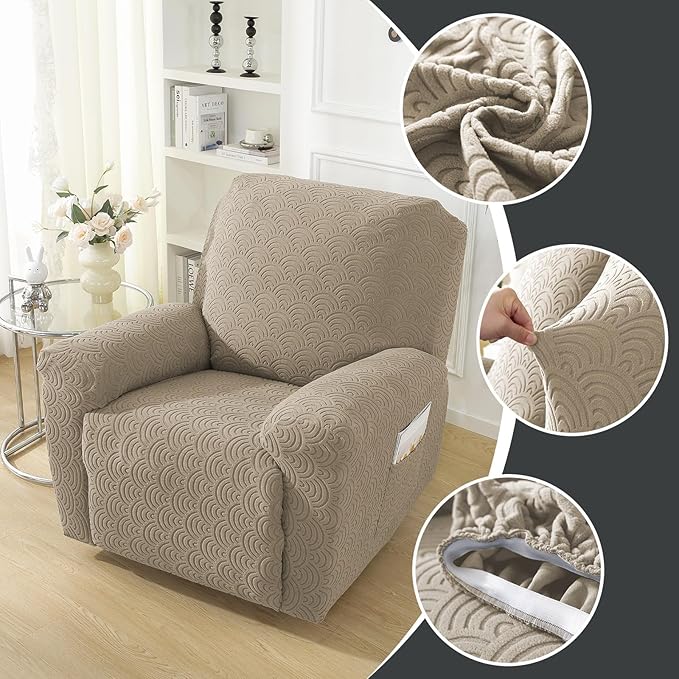 NORTHERN BROTHERS Oversized Recliner Chair Covers - Large Recliner Cover That Stay in Place 4 Piece, Jacquard Lazy Boy Recliner Chair Covers 1 Seater, Khaki