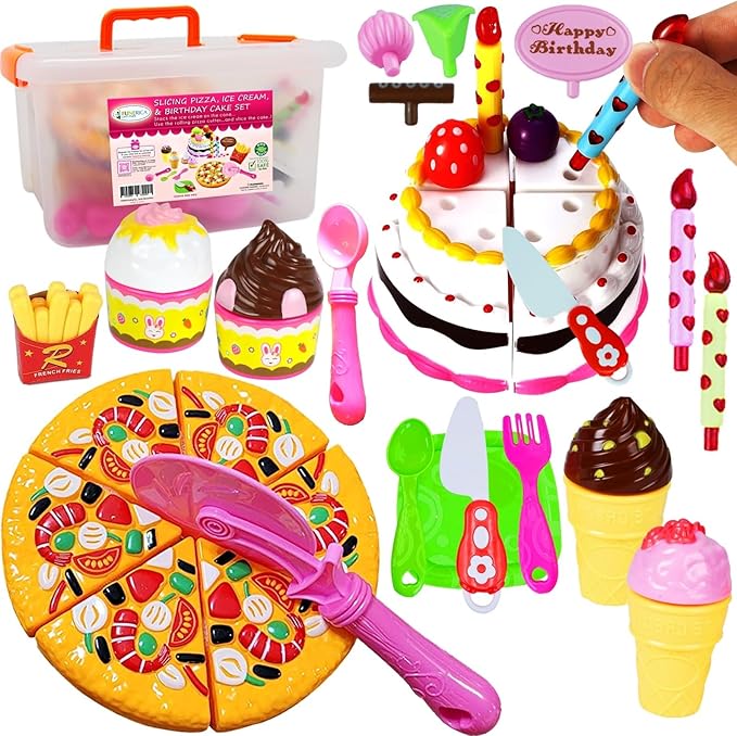 FUNERICA Play Food Goodies Set with Storage Box - Features Cutting Pizza, Ice Cream, Toy Birthday Cake, Fries, Dessert – Pretend Kitchen Toys for Toddlers, Boys, Girls